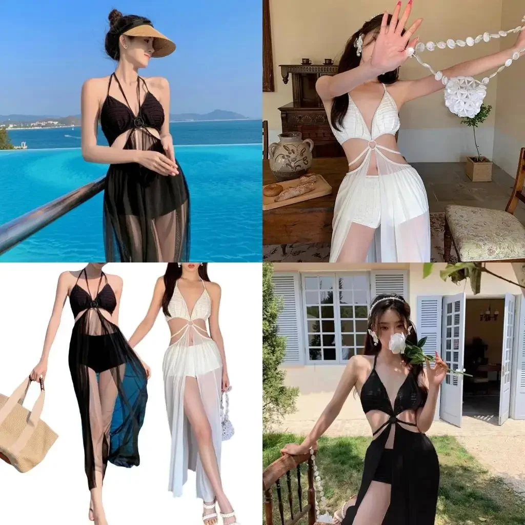 Women Halterneck Swimsuit with Sheer Beach Wrap Triangular V Neck Bathing Suit Swimwears Set with Low Waist Boyshorts 69HD