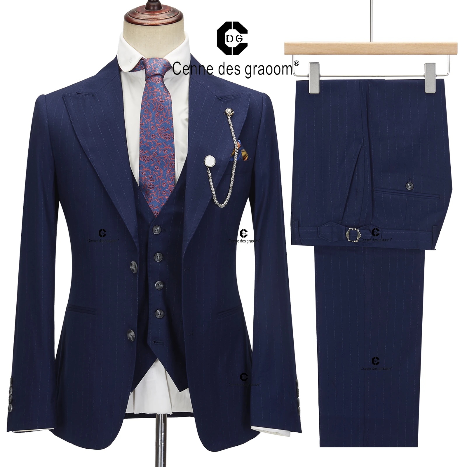 

Cenne Des Graoom 2024 Latest Coat Design Men Suits Stripe Tailor-Made Slim Fit 2 Button 3 Piece Set Blazer Vest Pants Wedding