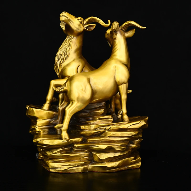 Old Brass Goat statue Two sheep accompany each other Stone Mountain Base Study screen Amass wealth Ornaments Town house