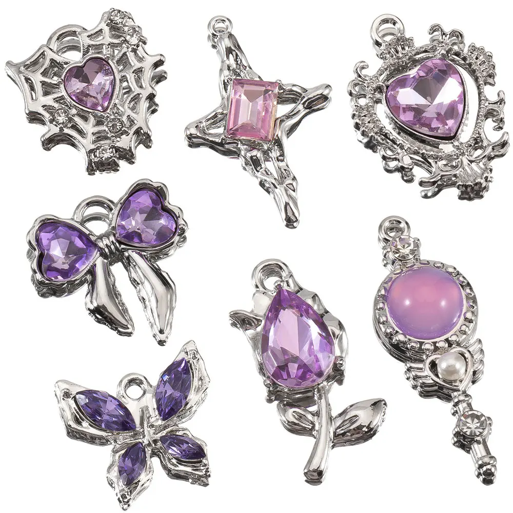 

2pcs Y2K Pink Purpel Heart Rose Crystal Charms Bowknot Hang Pendants for DIY Jewelry Making Necklace Bracelet Keychain