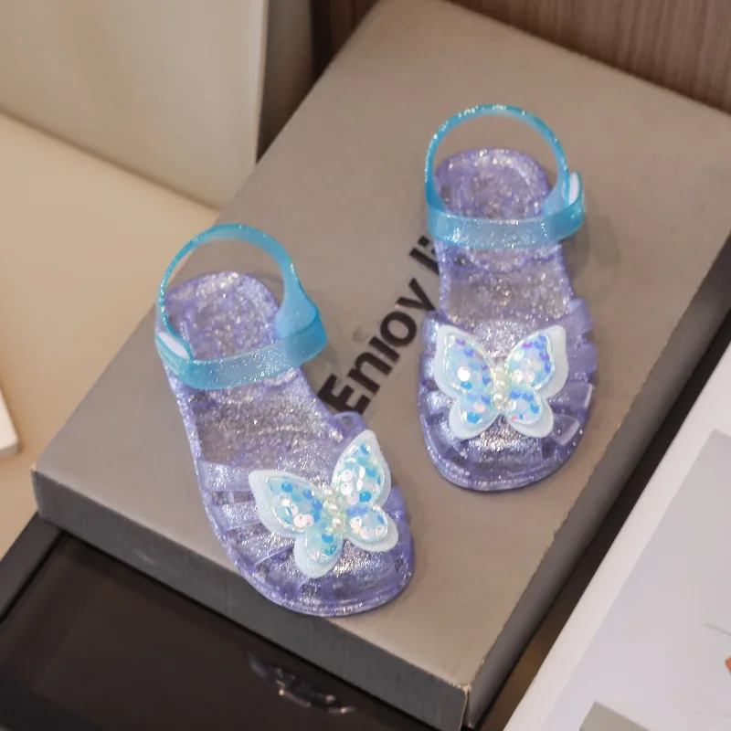 Kids Crystal Jelly Sandals Sequin Butterfly Summer Baby Princess Roman Shoes Girls Trendy Slip Soft Sole Cute Children's Sandals