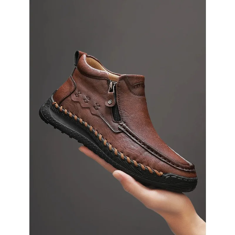 

Men's New Fashionable High-Top Boots, Simple and Trendy Side-Zip Casual Sneakers, Autumn and Winter Outdoor Hiking Flat Shoes