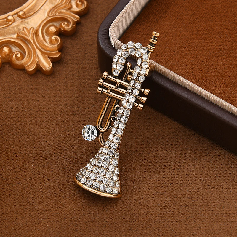 Trumpet Shaped Brooches Women Crystal Gold-color Costume Music Brooch Musician Shirts Hijab Pins Corsages