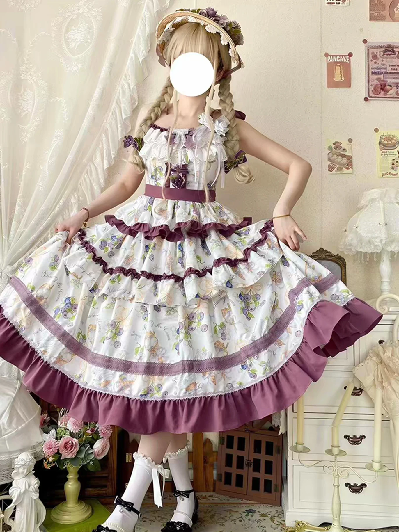 plus Size 200 Pounds Dress Set Country Style Daily JSK Strap Dress mid Length Lolita Print Dress Summer Polyester Fiber Princ...