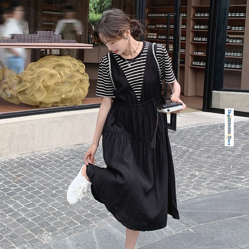 

2024 Summer New Fake 2PCS Spliced Stripe Black A-line Maxi Dress for Women Elegant Chic Loose Casual Short Sleeve Dresses 0D80