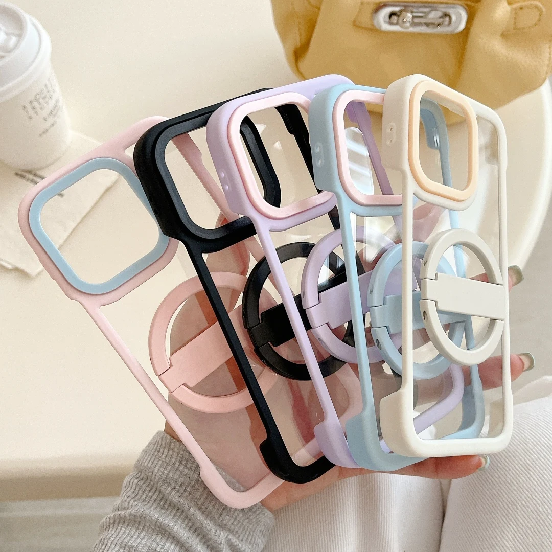 

Transparent Candy Color With Stand 2 in 1 Phone Case For iPhone 16 15 14 13 Pro Max Clear Soft Shockproof Cover