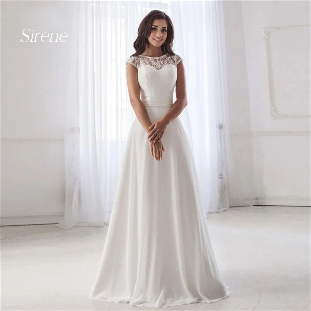 Sirene-vestidos de novia elegantes de gasa con apliques de encaje, cuello redondo, línea A, Espalda descubierta, vestidos de novia blancos simples hechos a medida