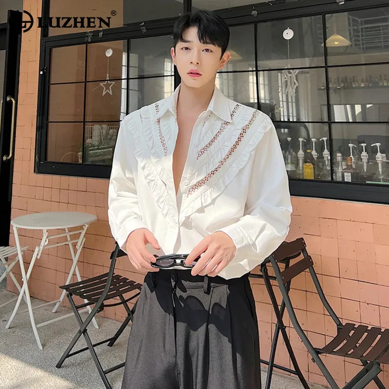 LUZHEN Trendy Autumn Men's Long Sleeve Shirts Street Original Fashion Hollow Out Splicing Design Tops 2024 Korean Elegant LZ7305