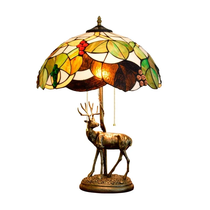 16 Inch American Pastoral Creative Retro Elk Table Lamp Tiffany Stained Glass Living Room Bedroom Bedside Art Gift Lamp