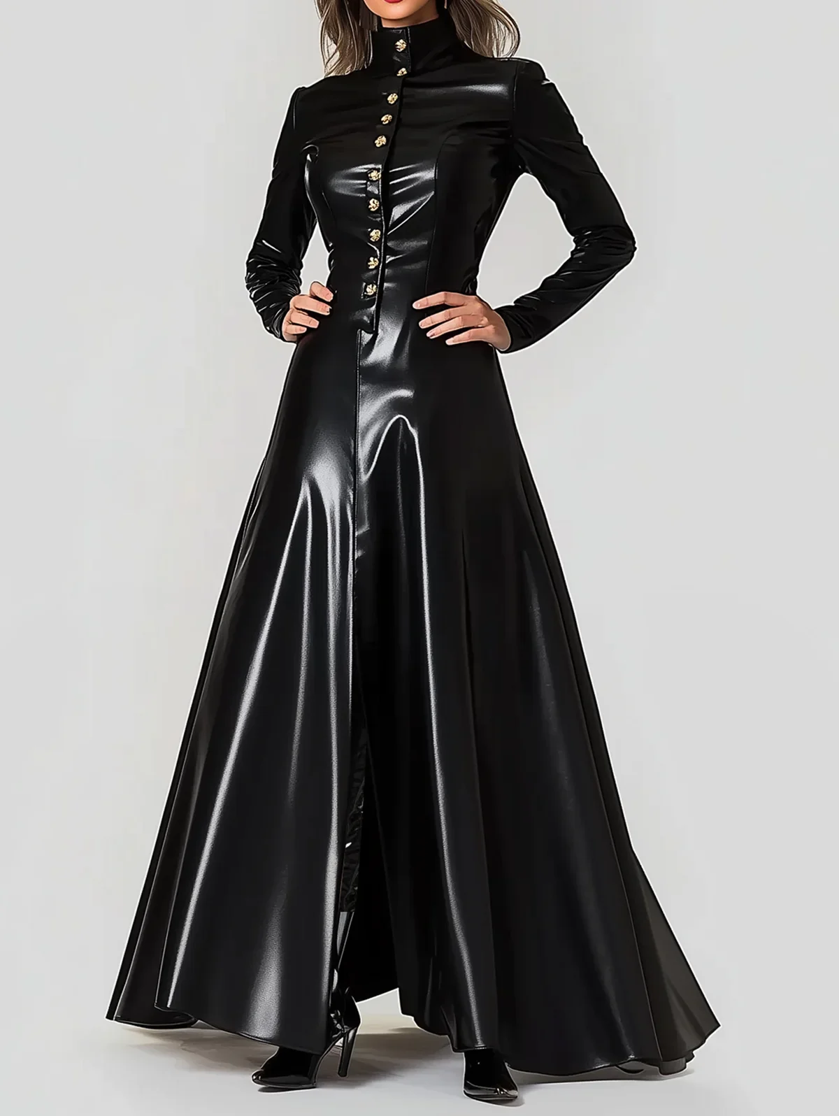 

PU Leather Long Dress Button Turtleneck Long Sleeve Elegant Vintage Casual High Street Slit Hem A-Line Maxi Dresses for Women