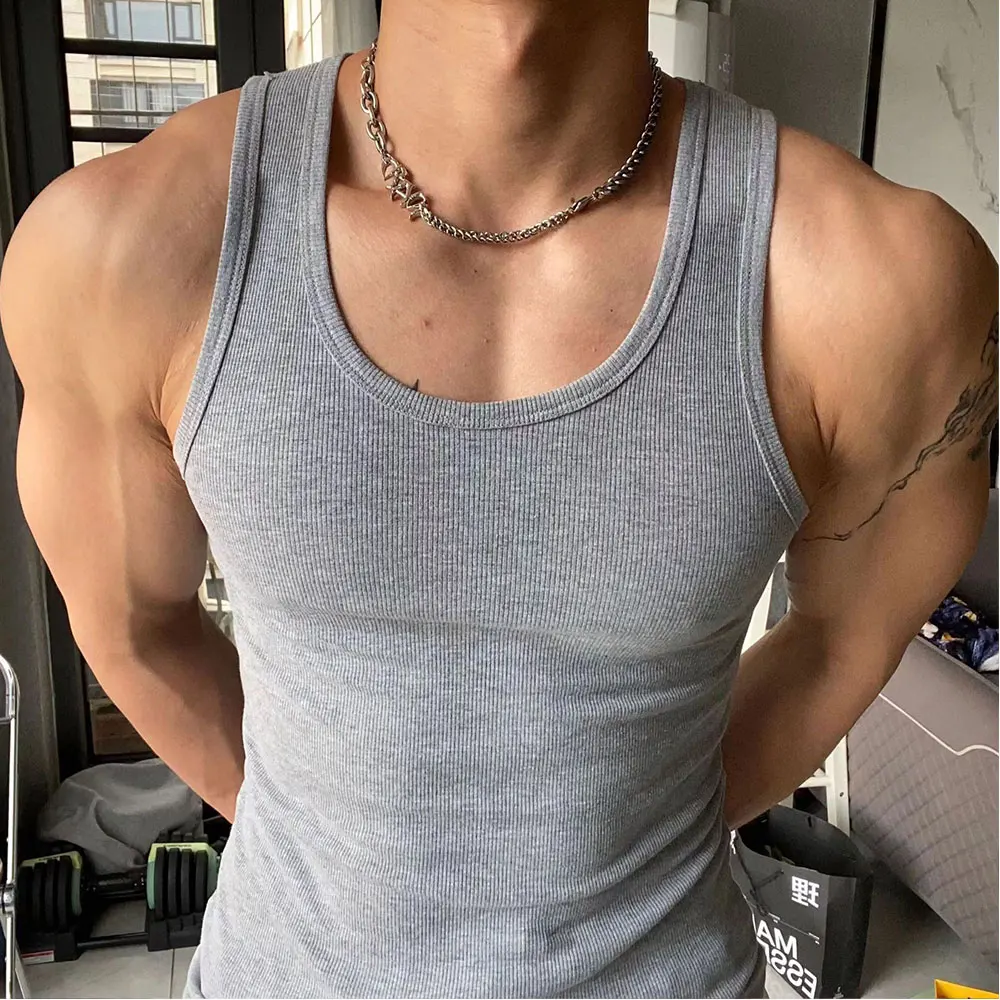 

New Men's Summer Cotton Tight Vest Casual Sports Tank Tops Youth Fit Sports Fitness Bodybuilding Vest Quick Drying Basic Tops