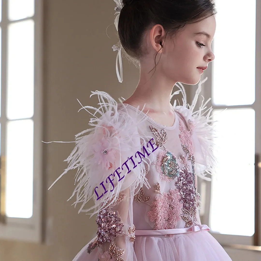 Sukienka dziewczęca z różową koronką arabską, zdobiona koralikami, z trenem typu court, w stylu księżniczki, idealna na ślub, urodziny, konkurs piękności, przyjęcie, bal wieczorowy.