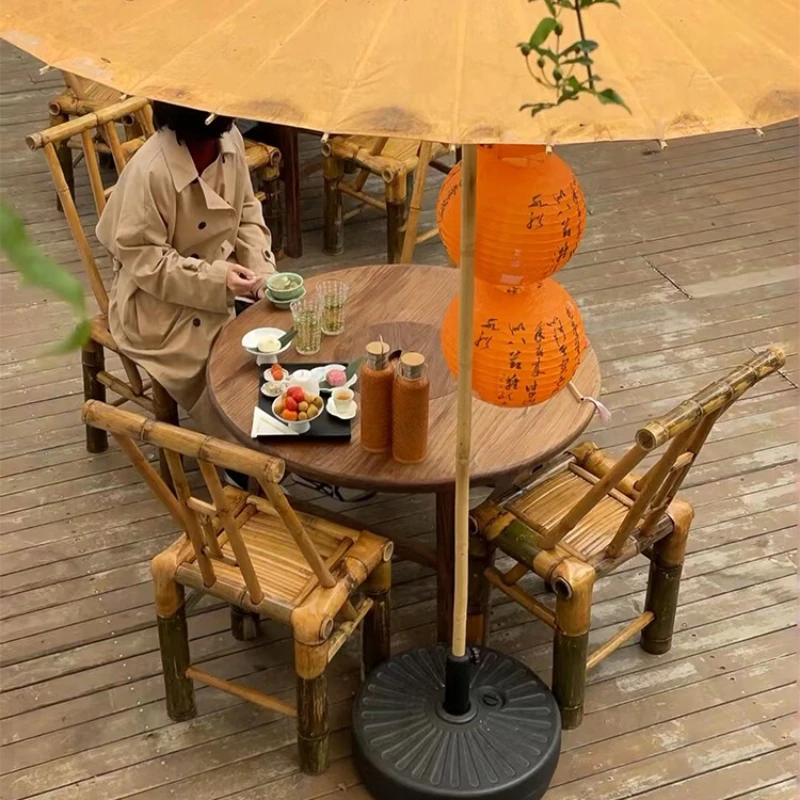 

Old elm stove tea table, outdoor courtyard special retro style bamboo chair, charcoal stove, small round table