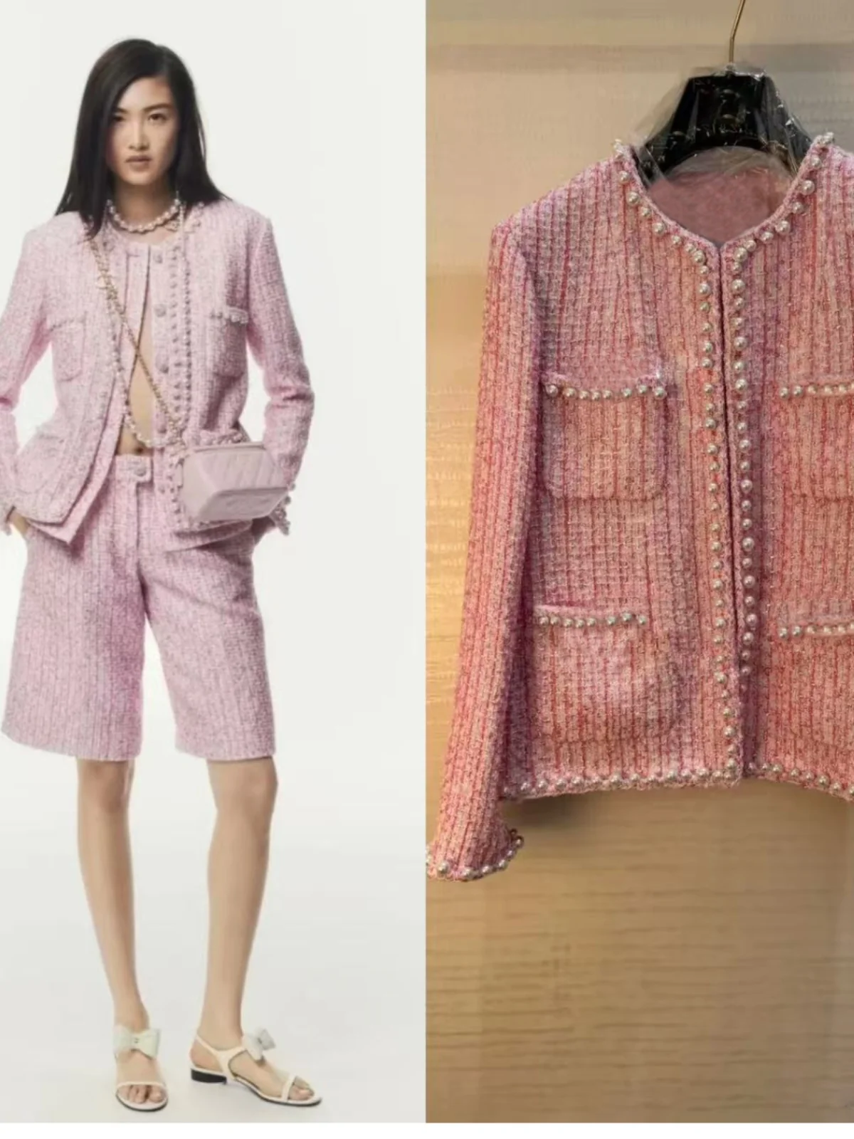 

Весна 2024, новинка Sle Tweed Quatrefoil Pearl Embellied Long Sve Coat Agel Ele Ladylike ort Верхняя одежда