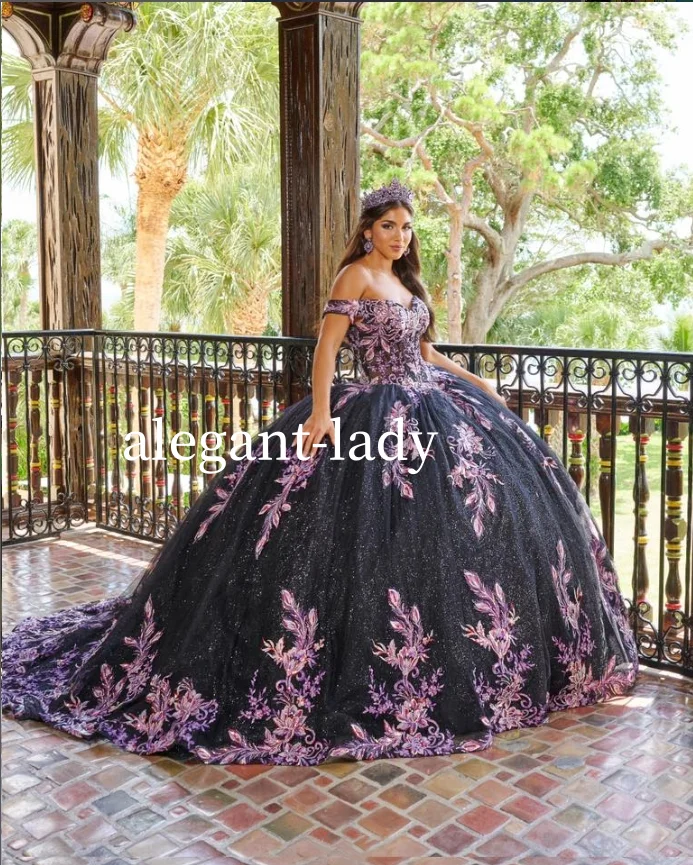 

Sparkling Cathedral Princess Quinceanera Dresses Grape Purple Off Shoulder Applique Beaded Mexican Queen Prom Lace up Customised