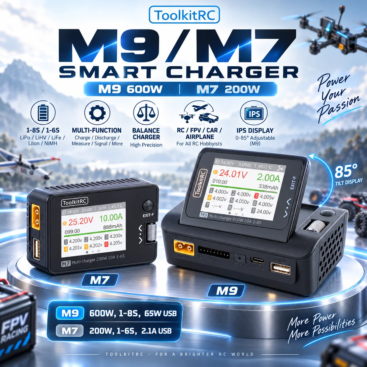 ToolKitRC M9 600W M7 200W Smart Lipo Battery Balance Charger AC DC Multi-function for 1-8S RC FPV Drone Car Airplane Model Parts