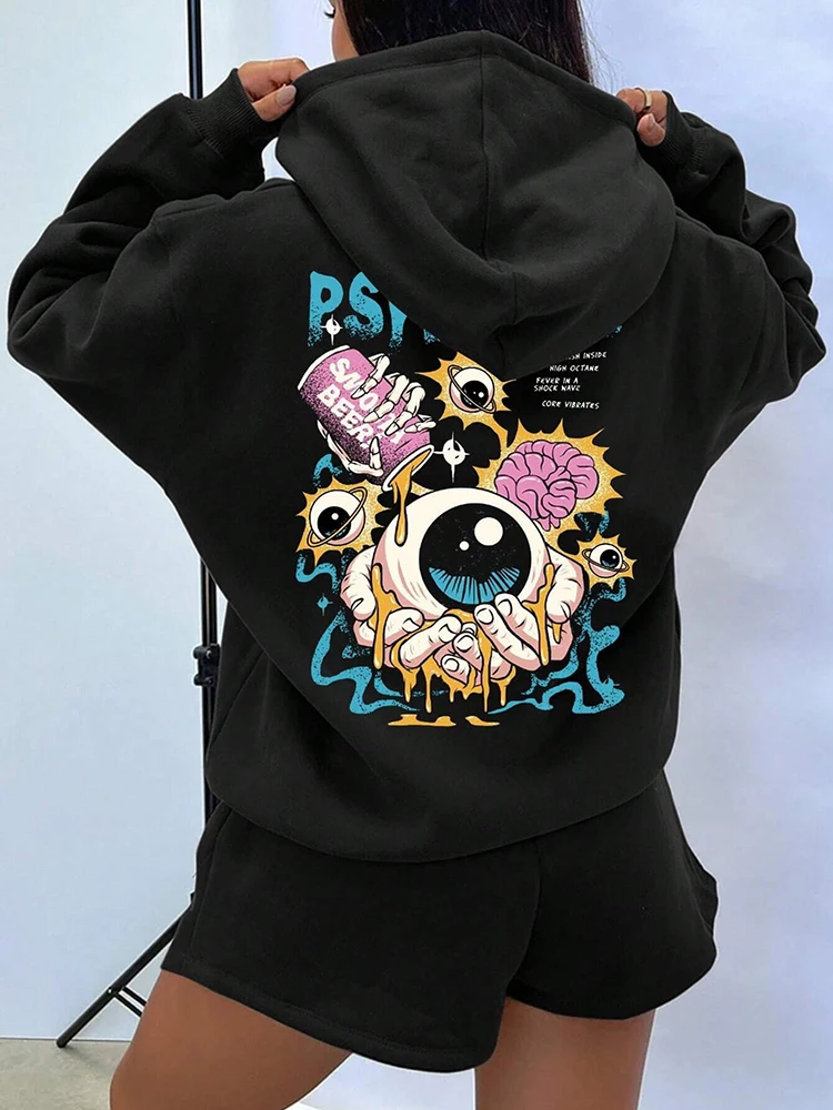 Interesting Pupils Cartoon Print Women Hoodie Harajuku Fleece Hoody Fashion Crewneck Sweatshirt Vintage Oversize Clothes Female