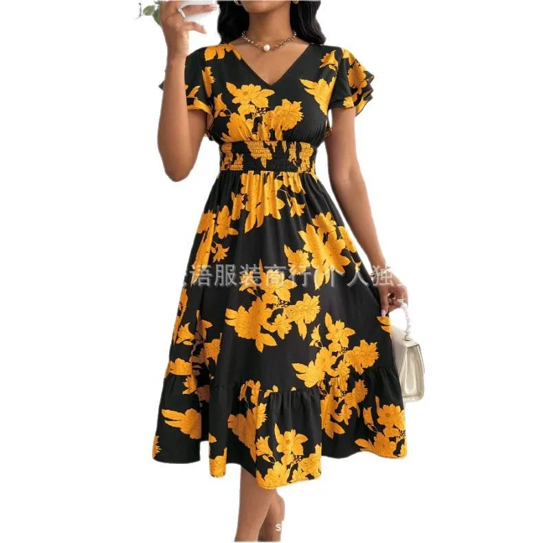 Sommermode-Kleid für Damen mit Blumendruck, V-Ausschnitt und lässigem Rüschenrand, kurzen Ärmeln, Rüschenärmeln, mittellanges Kleid