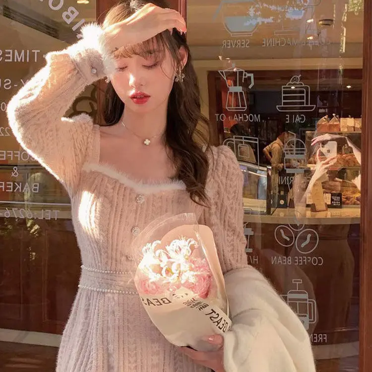 Outono inverno estilo francês vestido de fadas para mulheres elegante renda fino ajuste vestido longo camada interna princesa estética deusa olhar