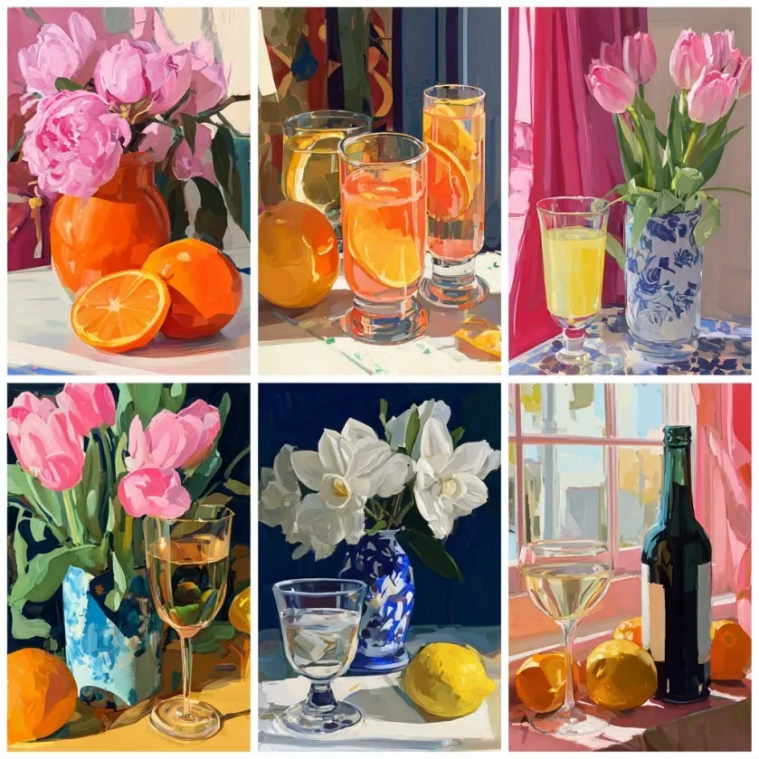 15x20cm digital painting canvas Blue Vase & Fruity Wine  anniversary gift, with acrylic paint images and digital coloring.
