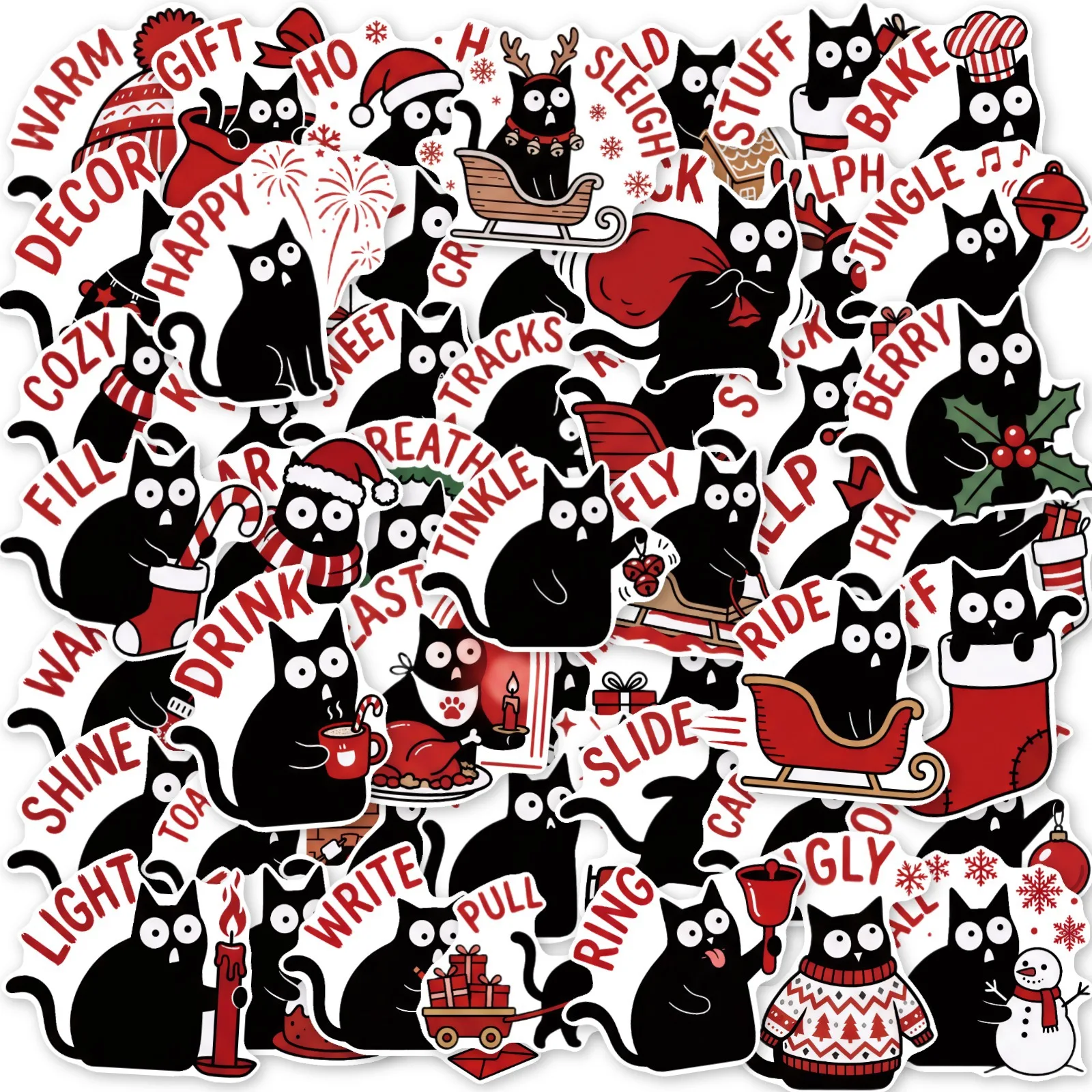50 Pcs Christmas Cat Stickers Cartoon Festival Small Cat Waterproof Decals for Water Cup Luggage Notebook Decoration