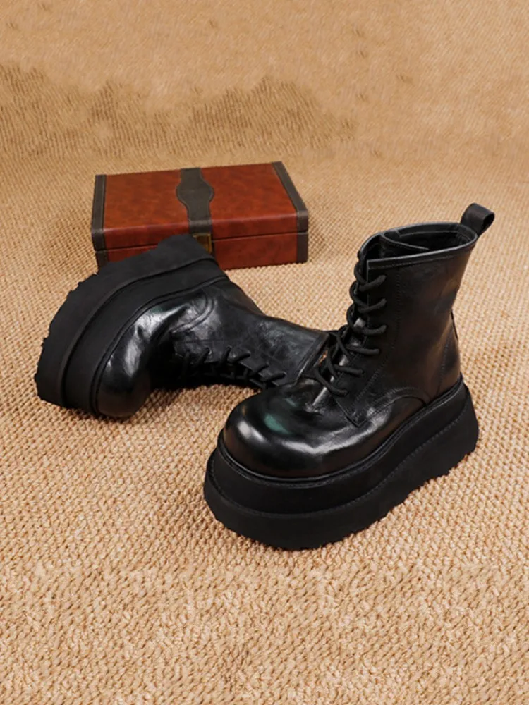 حذاء نسائي أنيق متعدد الاستخدامات مصنوع يدويًا من جلد البقر الطبيعي مريح بكعب عالٍ ومنصة سميكة حذاء نسائي برباط حتى الكاحل #3