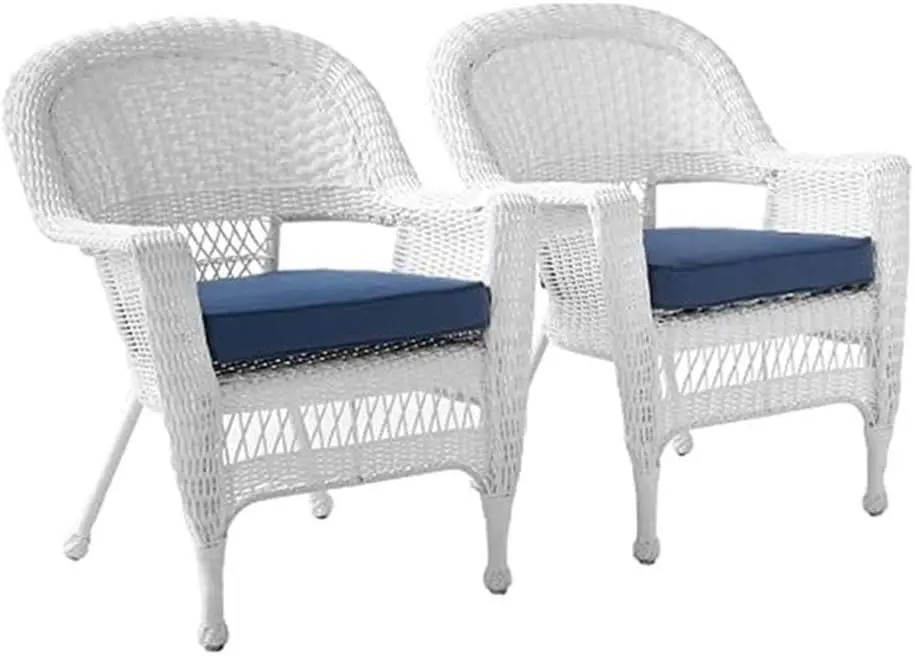 Wicker Chair with Blue Cushion, Set of 2