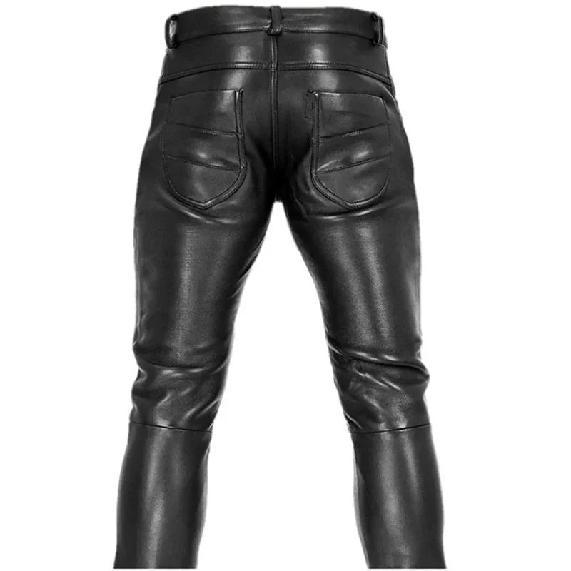 Men's Black Matte Faux Leather Splicing Pencil Pants Male Vintage PU Bodycon Trousers with Pockets Casual Entertainment Custom