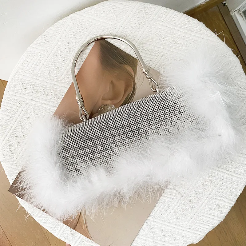 Moda avestruz pele sintética pena sacola senhoras brilhante diamante jantar festa casamento sacola