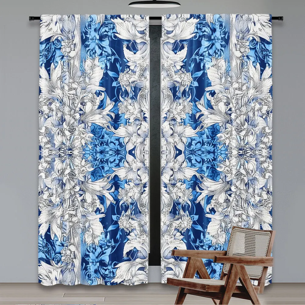 2Pcs Boho Vintage Floral Art Curtains Original Design White Flower Pattern Blue Flower Print Curtains For Bedroom Bathroom