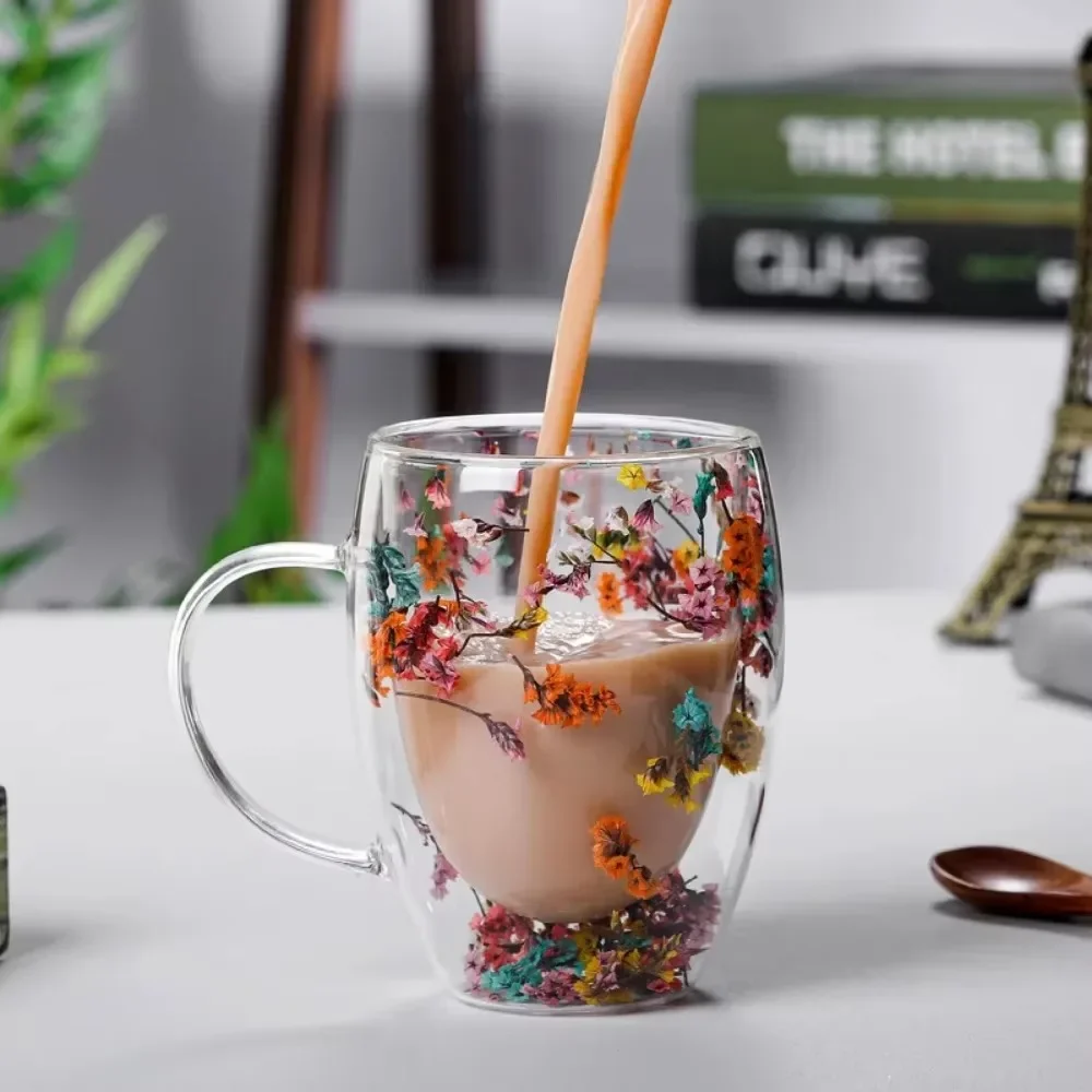 Multicolor Double Wall Coffee Mug with Handles Clear Milk Cups Gifts Glass Cup Fill Artificial Simulation Flowers Tea Cup