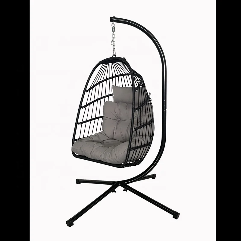 Folding Swing Egg Chair with Stand Indoor Outdoor Wicker Rattan Patio Basket Hanging Chairs  Balcony Garden