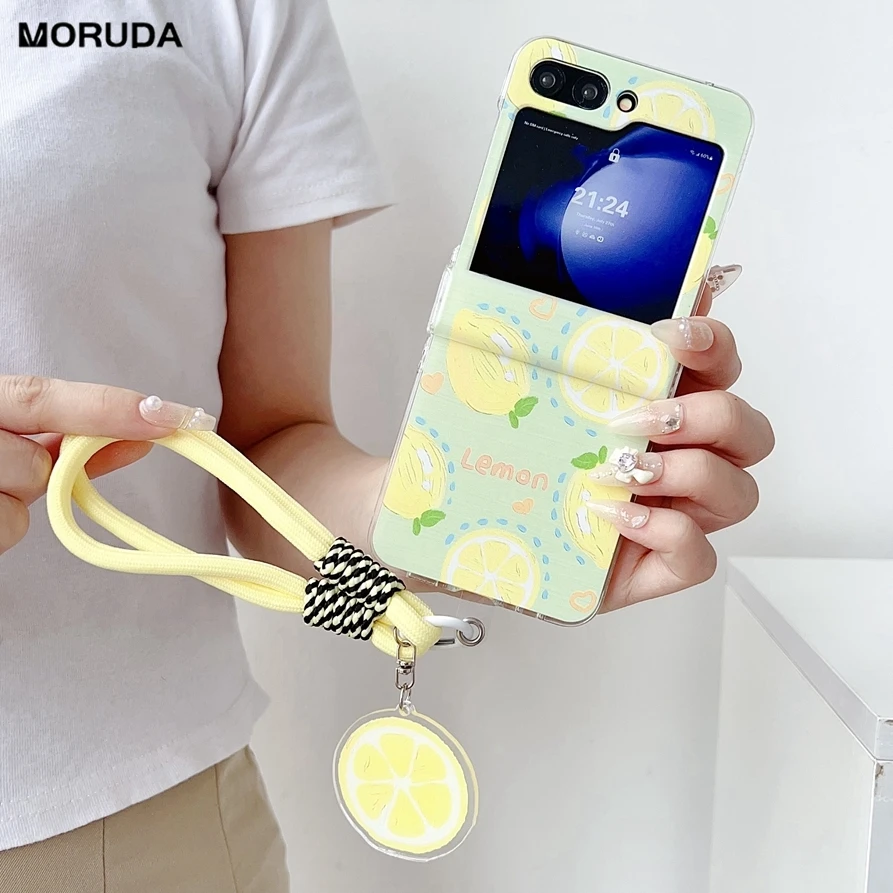 Cute Lemon Phone Cover For Samsung Z Flip 6 5 4 z flip3 Wrist Chain Cases For Galaxy Z Flip 4 5 Hard Hinge Thin Protective Cover