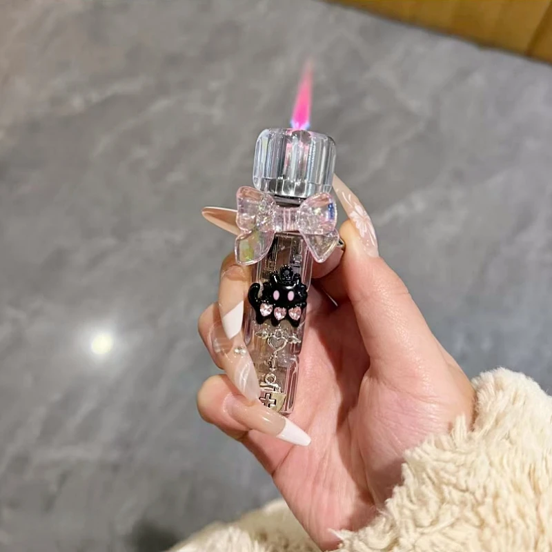 

High Appearance Cute Diamond Rotating Dice Windproof Lighter New Outdoor Direct Spray Pink Flame Cat Portable Lighter Girl Gift