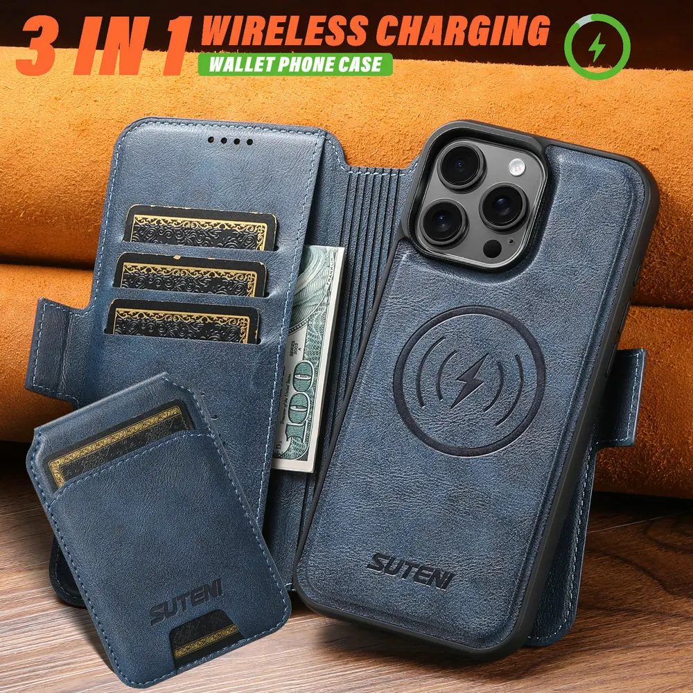 

Detachable Leather Magsafe Case For iPhone 16 15 14 13 12 Pro Max Wireless Charging Magnet Back Cover for iPhone 16 Plus Funda