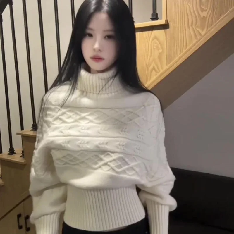 Women Turtleneck Cable Knit Batwing Sleeve Sweater Waist Cinched Lazy Slim Fit Knitted Pullover Top