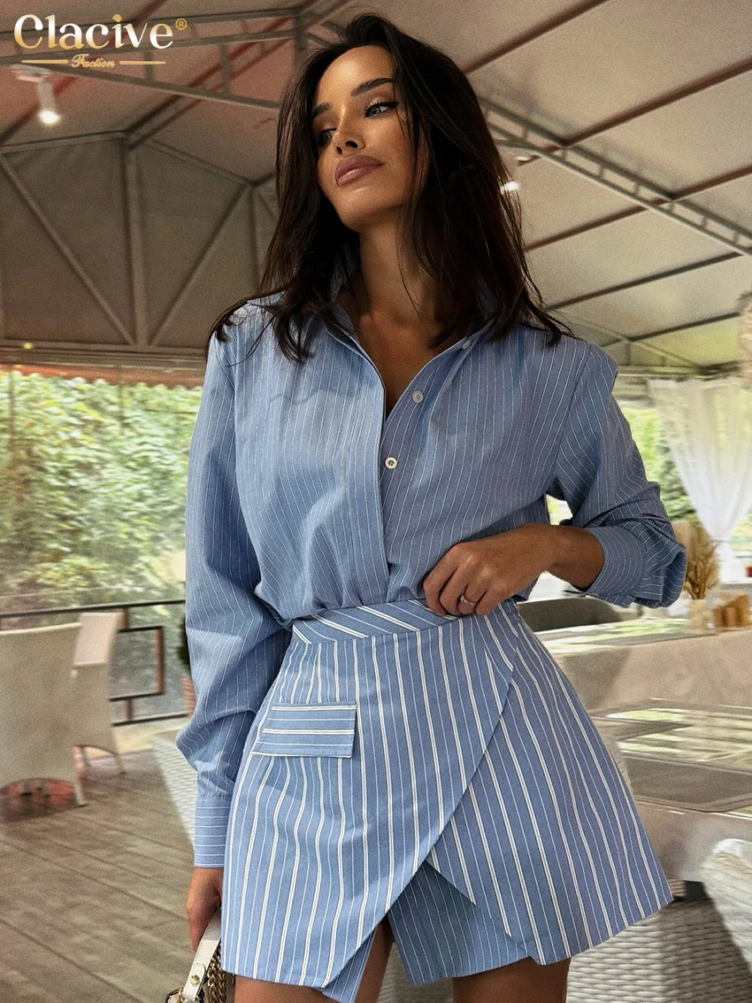 Clacive Fashion Loose Stripe Print Woman 2 Piece Set Outfit Elegant Long Sleeve Shirt With High Waist Mini Skirt Set Female image 2