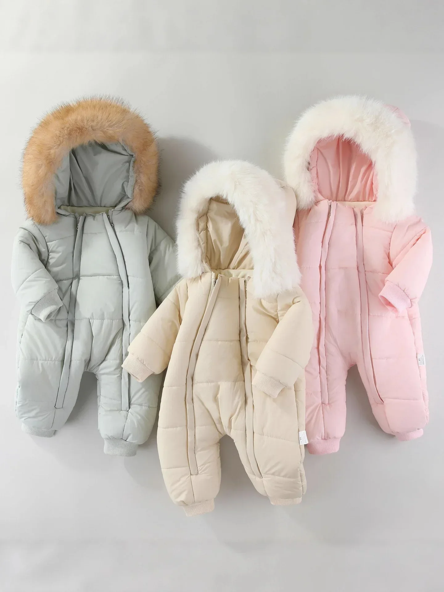 Combinaison de neige d'hiver pour nouveau-né, fourrure, capuche, Double fermeture éclair, pour garçons et filles, rembourrée en coton, vêtements d'extérieur chauds pour enfants de 0 à 2 ans,