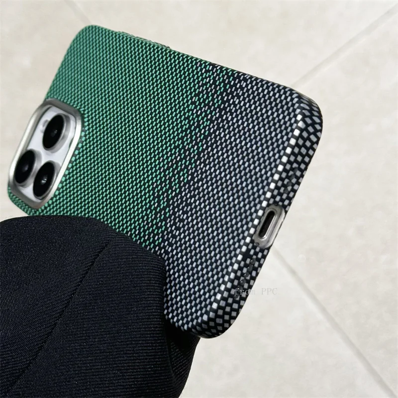 Camera Alloy Folding Stand Plaid Dots Magnetic Back Cover 16 Case for iPhone 15 14 Pro Max MagSafe Shell Frame Carbon Color Hull image 6