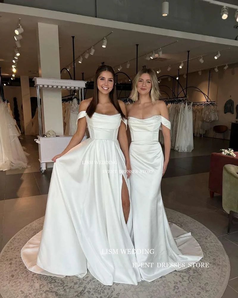 LISM Graceful Off The Shoulder Wedding Dress Saudi Arabia High Split Soft Satin Bridal Gown Court Train Robe De mariage