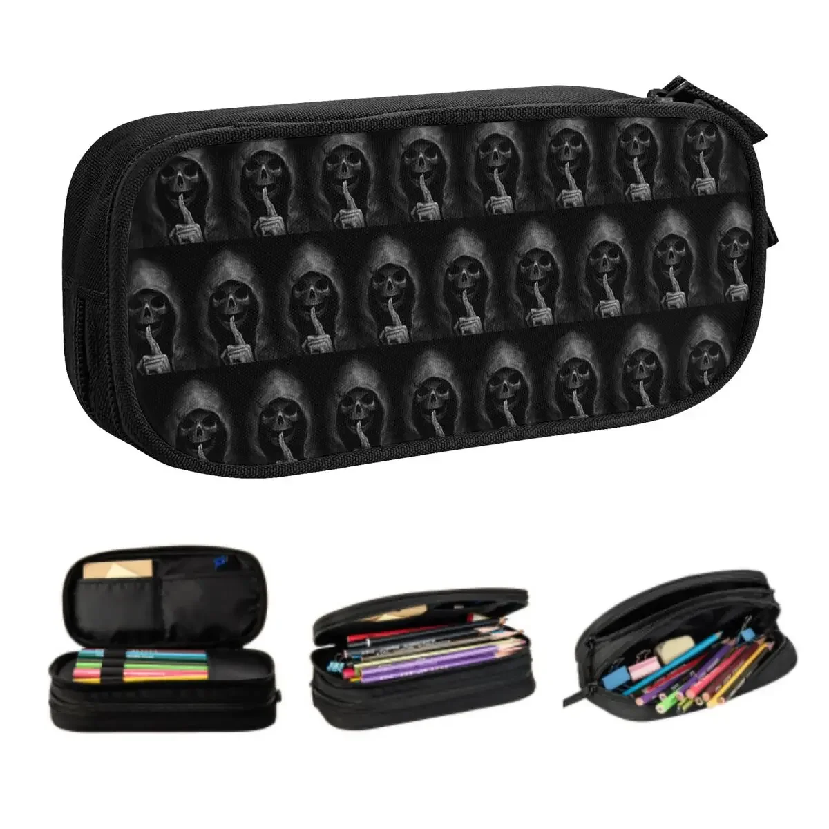 Custom Horror Gothic Death Skull Pencil Case for Girl Boy Large Storage Pen Bag Box School Accessories