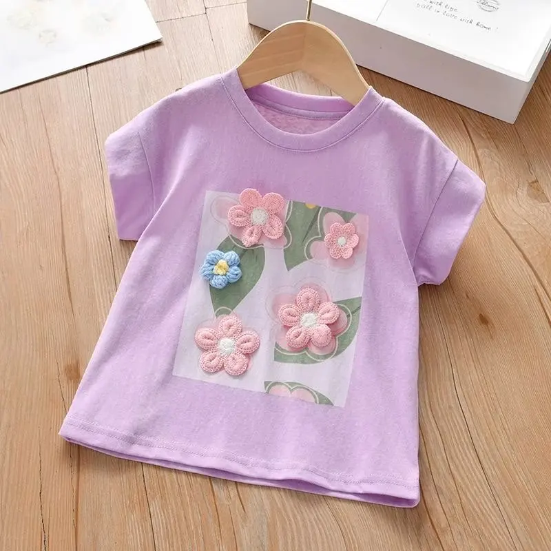 Girls Summer Flower Short Sleeve T-shirt Children\'s Sweet Round Neck Bottom Shirt Baby Cotton Comfortable Top New Fation