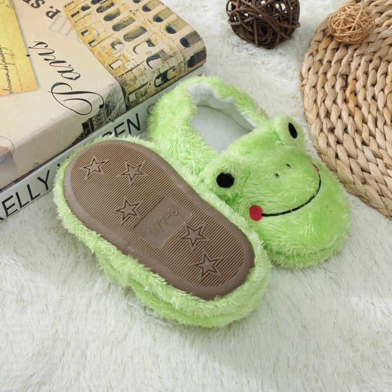 Toddler Boy Slippers Cartoon Frog Plush Warm Shoe Little Kid Winter House Shoes Soft Rubber Sole Home Indoor Footwear Baby Items