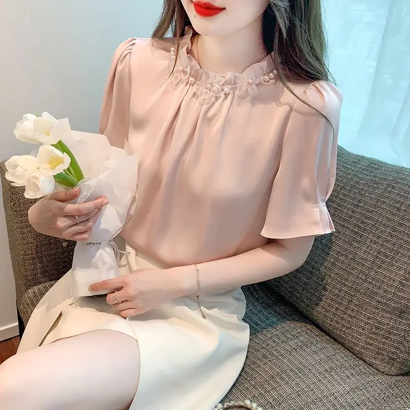 Women Summer Fashion Trend Loose Ruffles Solid Color Short Sleeve Shirts Women Clothes Casual All-match Appear Thin Pleated Tops