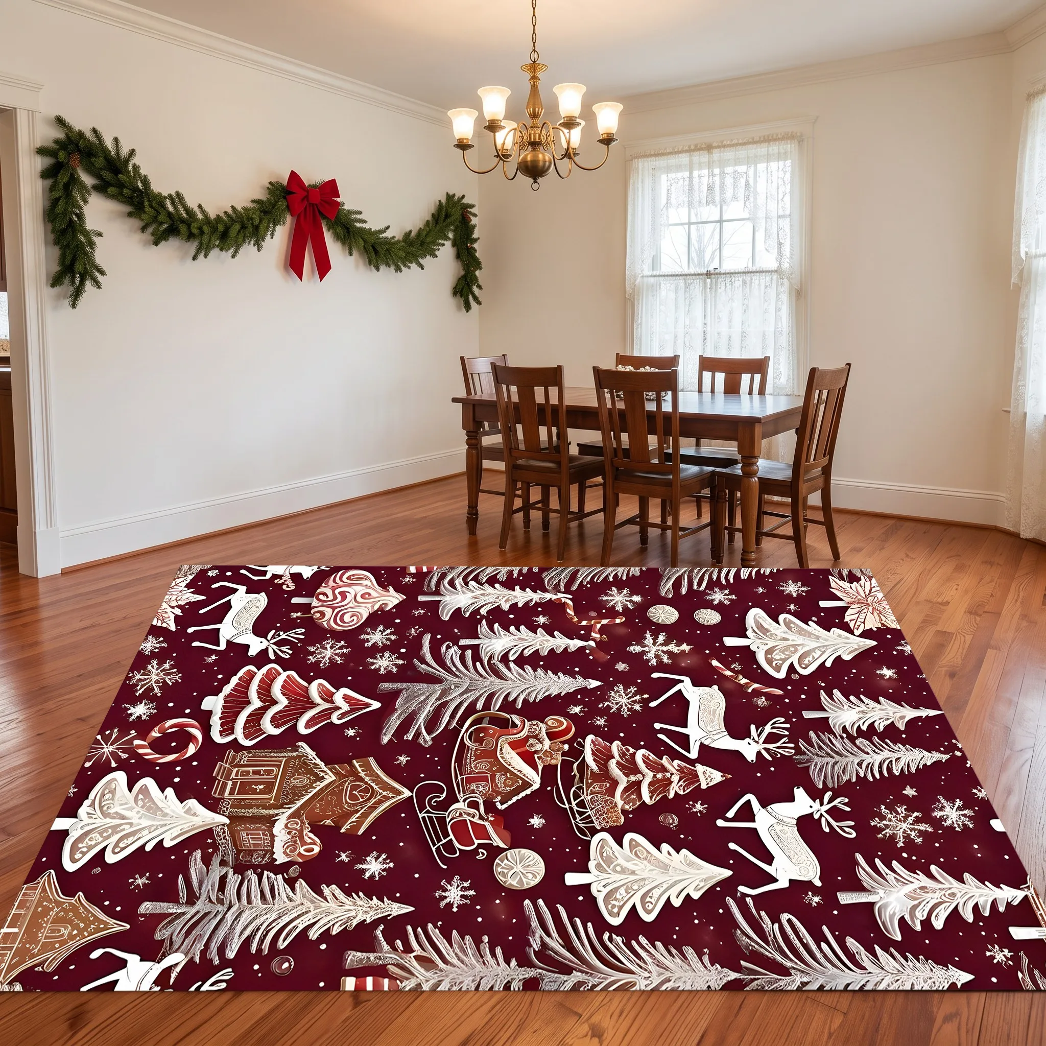 A Vintage-Style Velvet Rug with a Red Background, Featuring Reindeer, Christmas Trees, and Snowflake Prints, Perfect for the Living Room, Entryway, Bedroom, or Bedside, Creating an Autumn/Winter Atmosphere