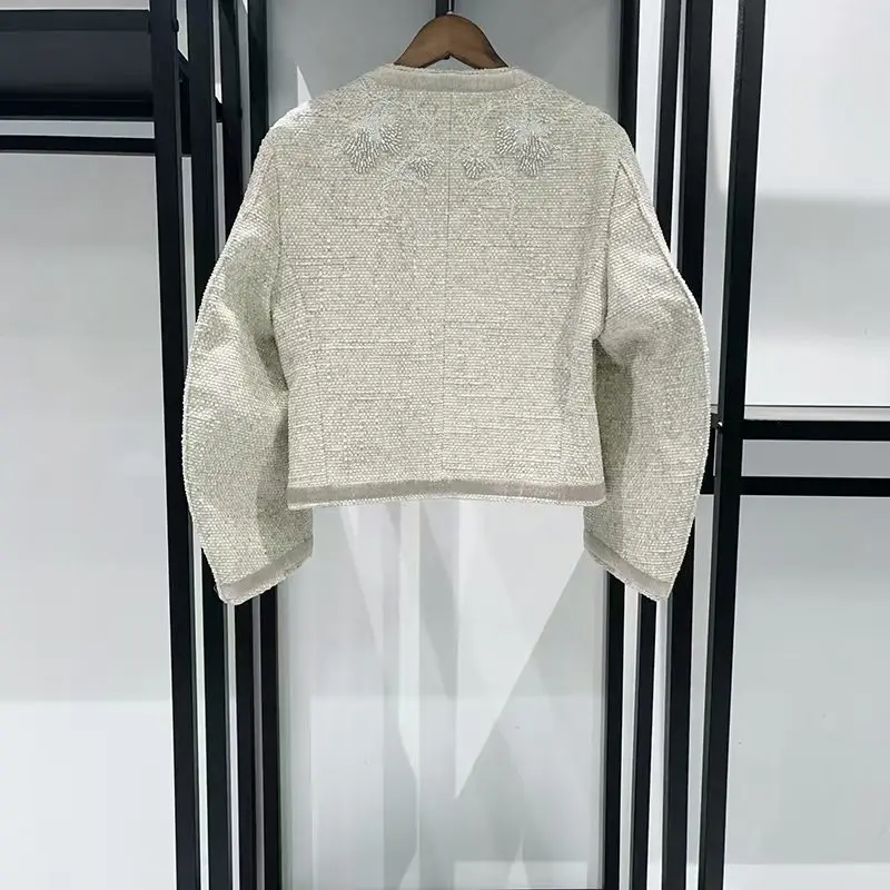 Women's Heavy-Duty Sequined Beaded Round-Neck Short Jacket Stylish and Elegant Padded Shoulder Jacket Top Winter, New Arrival,