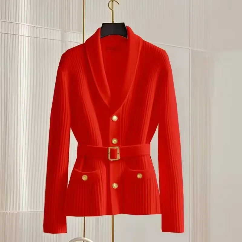 Women‘s Fashion Knitted Cardigan Sweater 2025 NEW Spring Autumn Top Coat Pocket V Collar Knitwear Match Belt Jacket Female