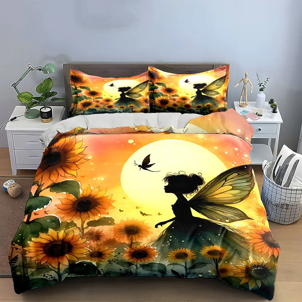 Fairy Sunflower Art Set Bedding Set with 1 Duvet Cover 2 Pillowcases Single Double King Queen, Gift