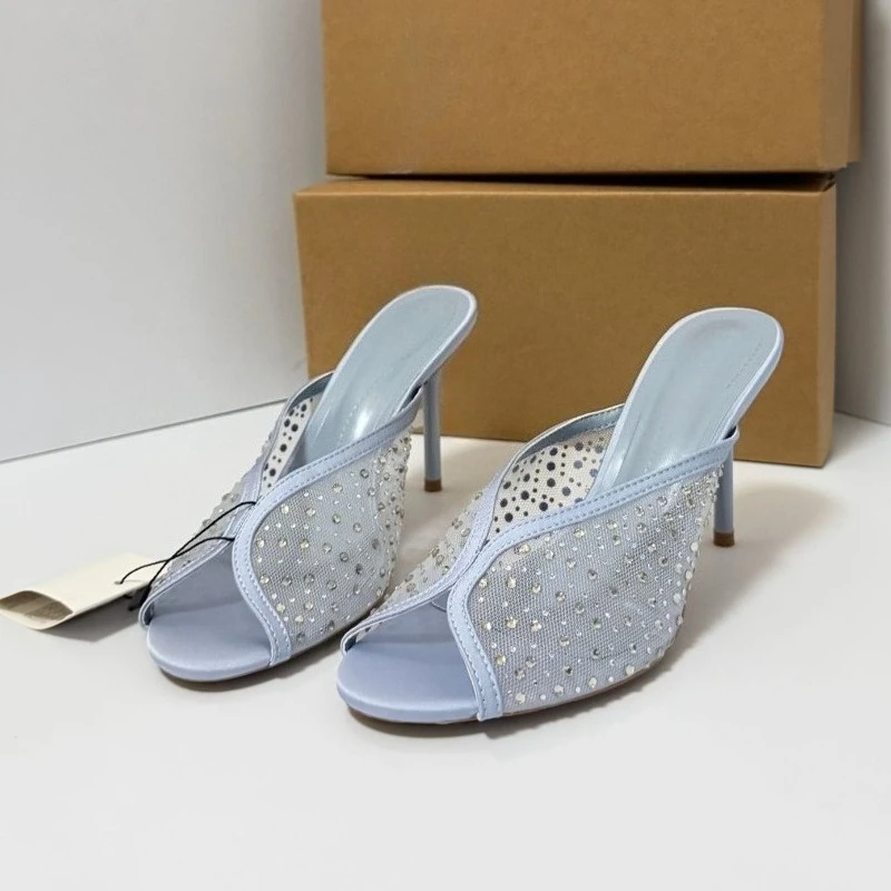 

Rhinestone Open Toe High Heel Women Sandals Ladies Mesh Slip‑On Stiletto Sandal Trendy Thin Heels Mules Summer Outdoor Slide