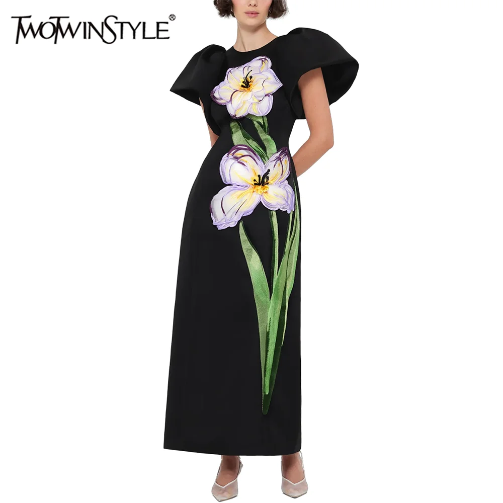 

TWOTWINSTYLE Hit Color Slimming Spliced 3D Flower Elegant Dresses for Women Round Neck Puff Sleeves Dresses Female Clothing New